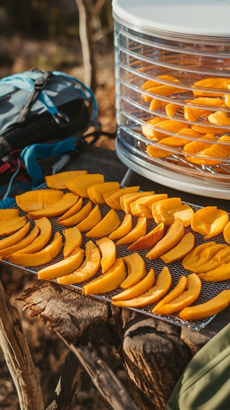 Dried mango slices on a wooden table with a dehydrator and hiking gear.